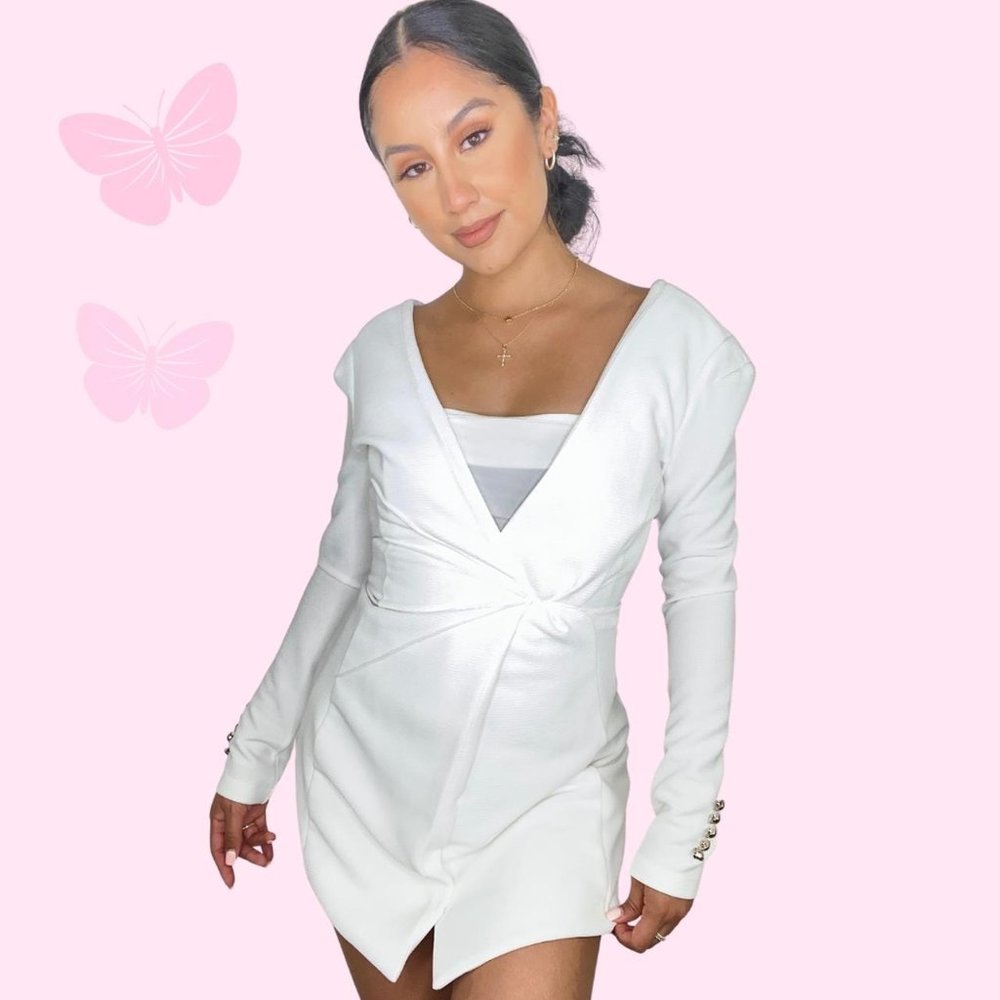 Perfect classy white dress long sleeves with gold buttons and wrap detail